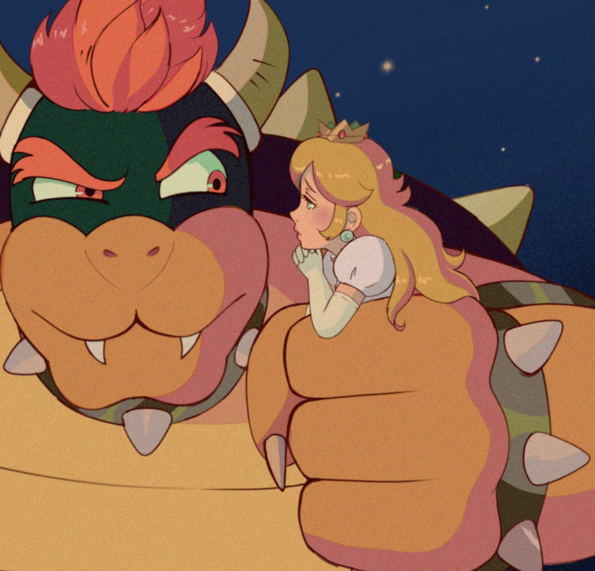 1boy, 1girl, bangle, blonde_hair, blue_eyes, blush, bowser, bracelet