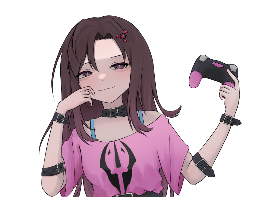 1girl, bare_shoulders, belt, black_hair, bra, breasts, choker, commission