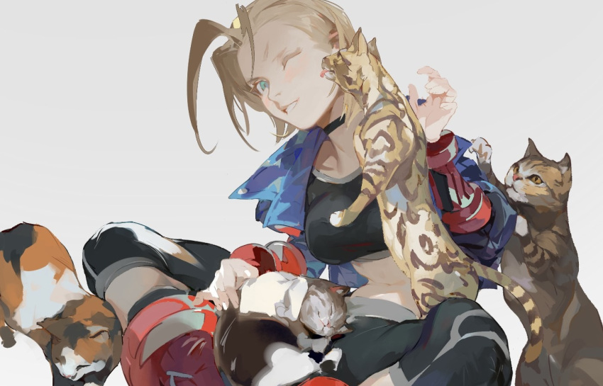 1girl, blonde_hair, cammy_white, cat, cropped, lucaxu1991, multiple_cats, non-web_source