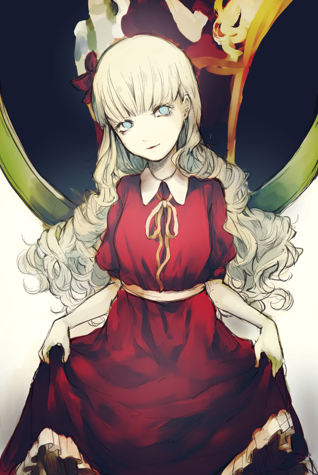 1girl, blonde_hair, blue_eyes, bow, bungou_stray_dogs, commentary_request, cowboy_shot, curly_hair