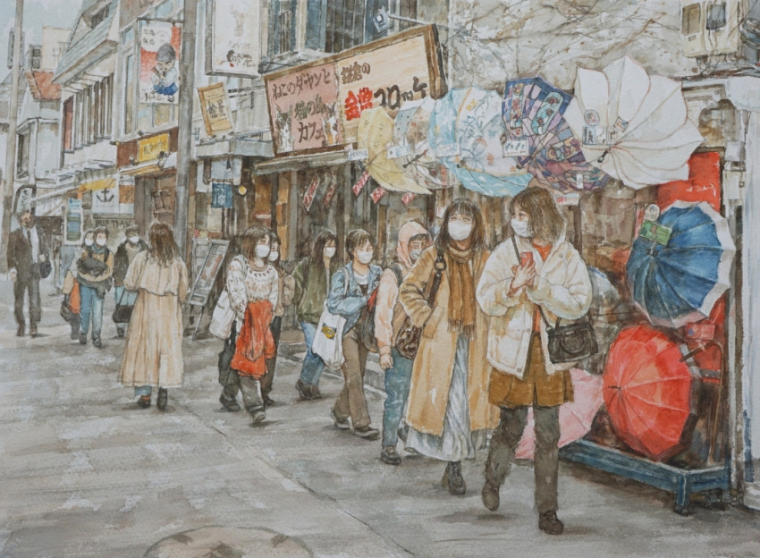 billboard, building, mask, mouth_mask, multiple_girls, no_humans, original, painting_(medium)