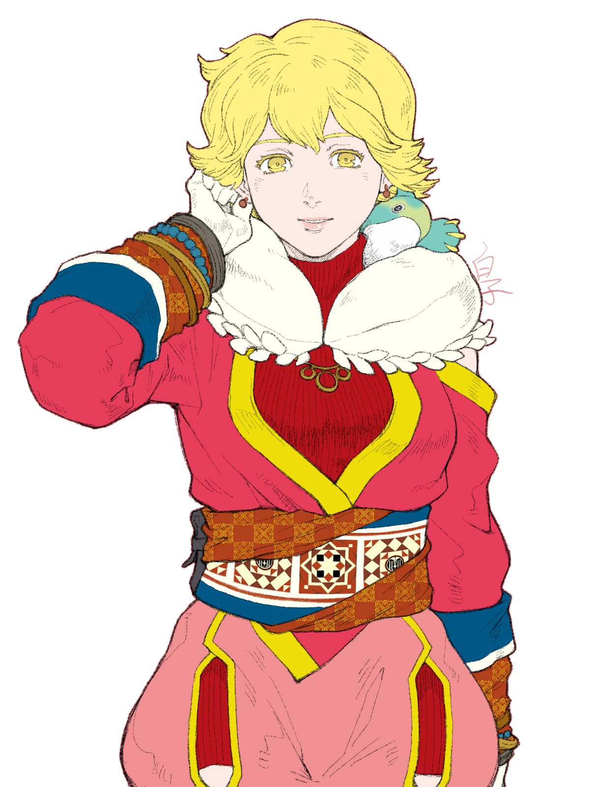 1girl, baten_kaitos, bead_bracelet, beads, blonde_hair, bracelet, breasts, closed_mouth