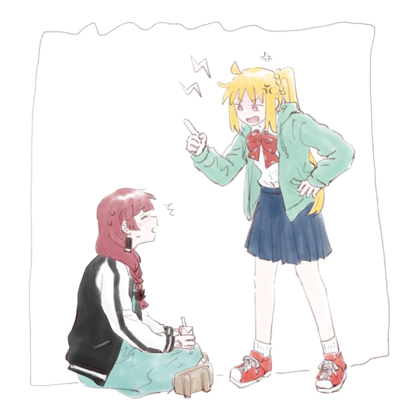 2girls, absurdres, ahoge, alcohol, alcohol_carton, anger_vein, angry, blonde_hair