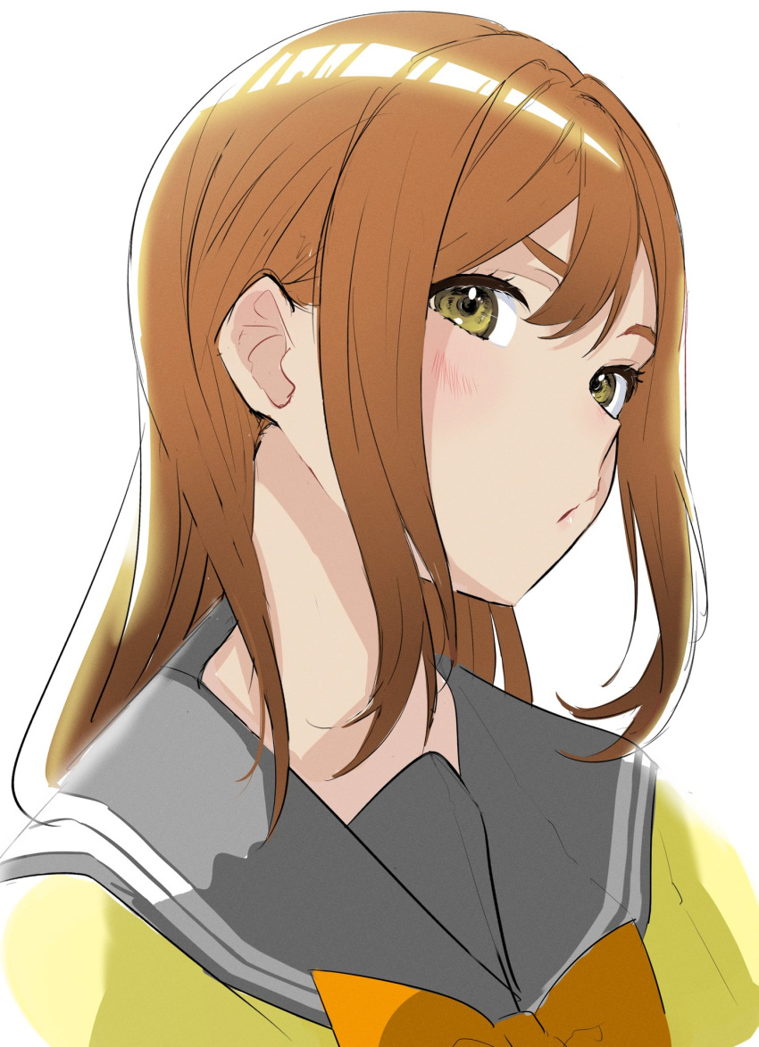 1girl, :o, blush, bow, bowtie, brown_hair, cardigan, grey_sailor_collar
