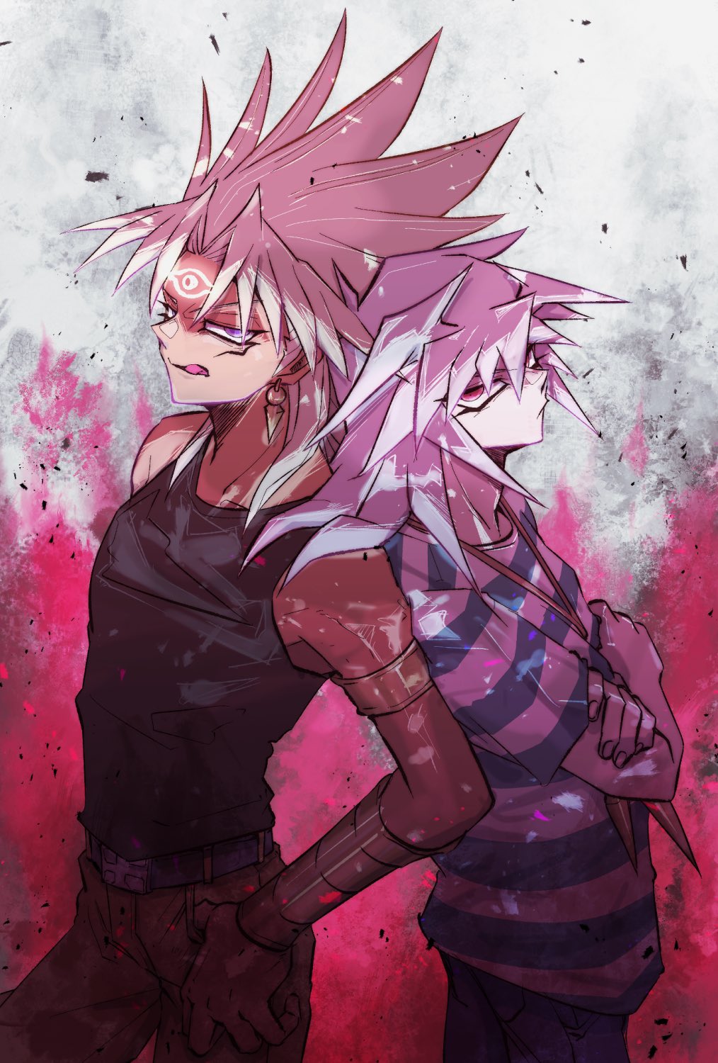 2boys, :q, brown_hair, commentary_request, crossed_arms, dark-skinned_male, dark_skin, frown