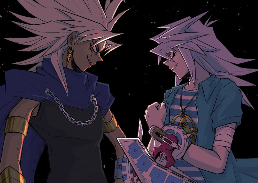 2boys, brown_hair, commentary_request, dark-skinned_male, dark_skin, duel_disk, earrings, eye_contact
