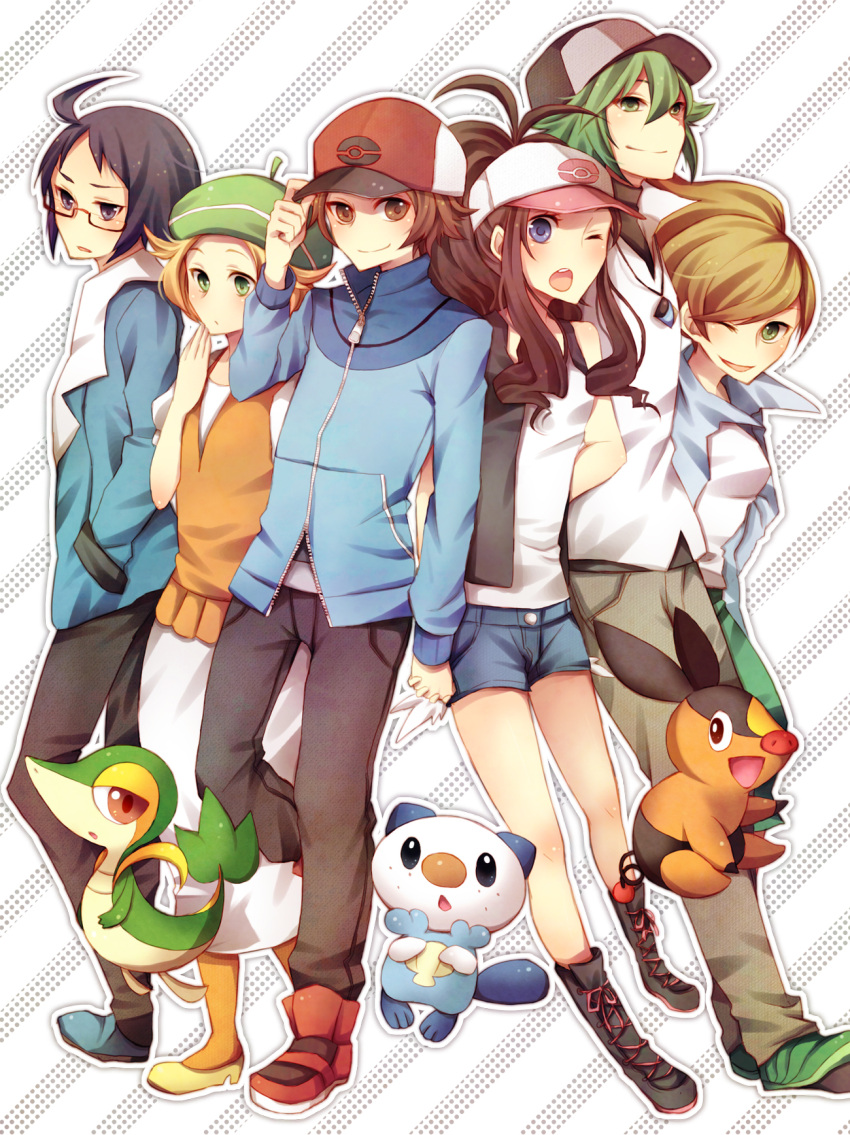 araragi_(pokemon), baseball_cap, bel_(pokemon), bell_(pokemon), black_hair, blonde_hair, blue_eyes, brown_eyes