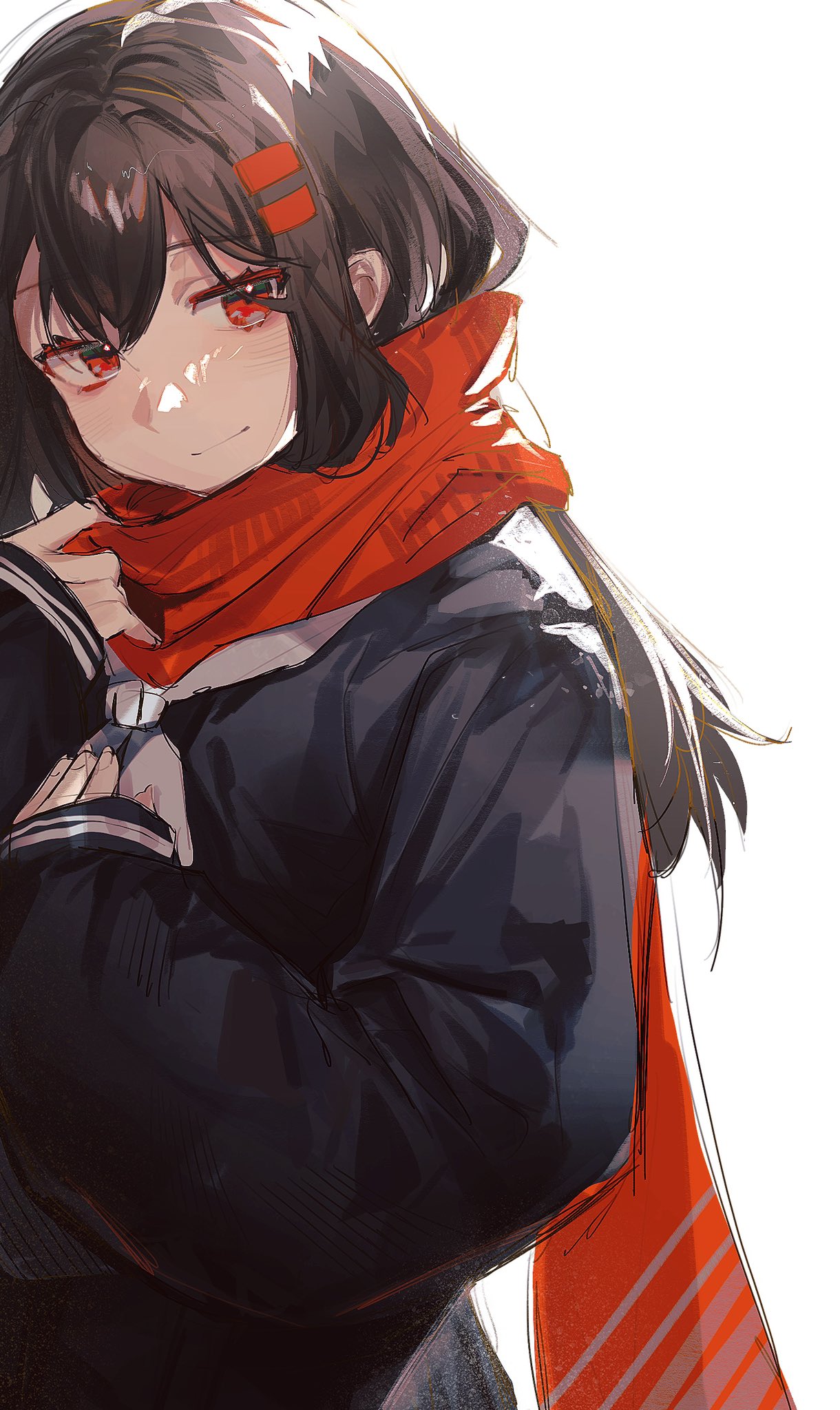1girl, black_shirt, brown_hair, enpera, hair_ornament, hairclip, hand_on_own_chest, hashtag_only_commentary