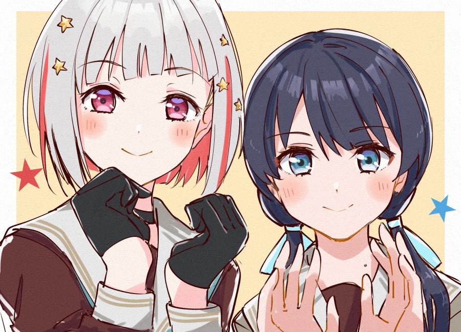 2girls, asymmetrical_bangs, black_choker, black_gloves, blue_eyes, blush, bob_cut, brown_dress
