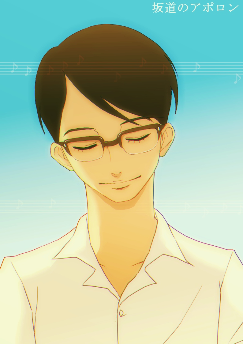 1boy, black_hair, blue_background, closed_eyes, closed_mouth, glasses, male_focus, musical_note