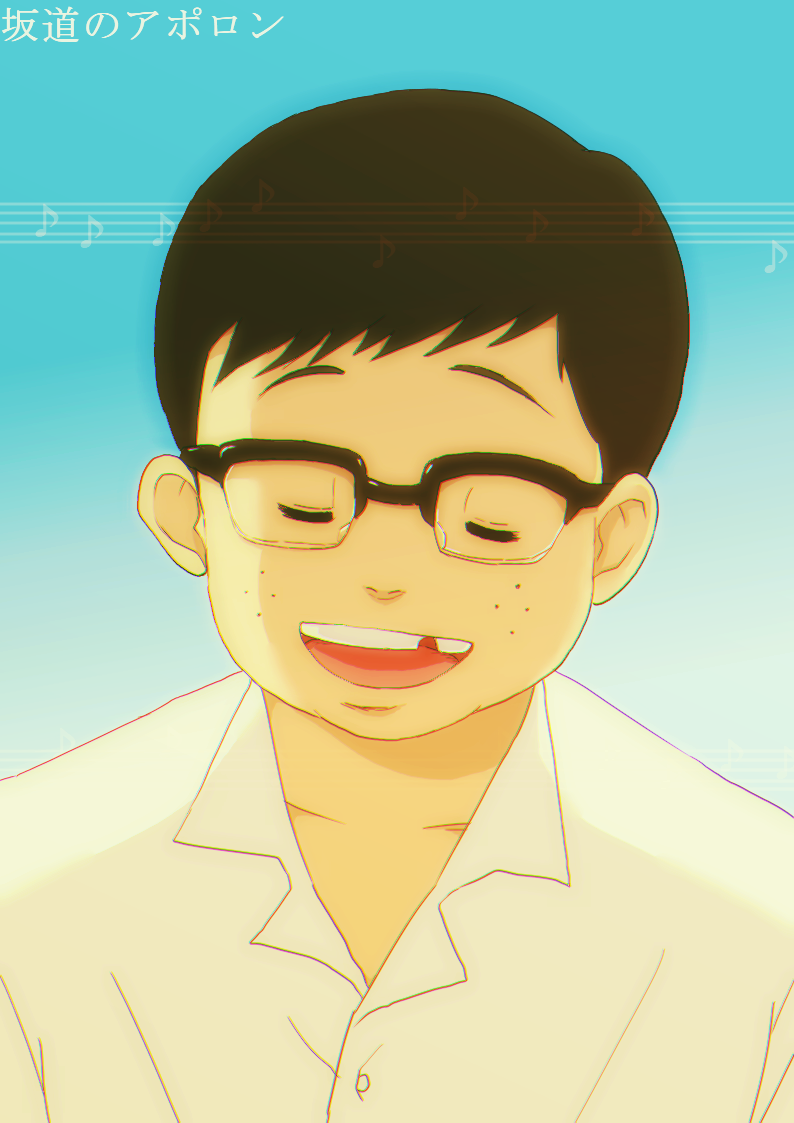 1boy, :d, black_hair, blue_background, closed_eyes, freckles, glasses, male_focus