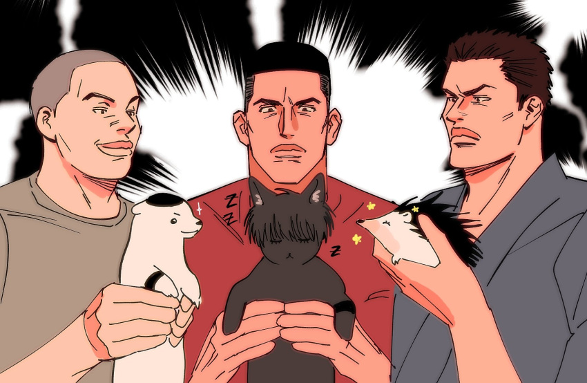 3boys, 3others, akagi_takenori, animal, animalization, black_hair, black_robe, brown_hair