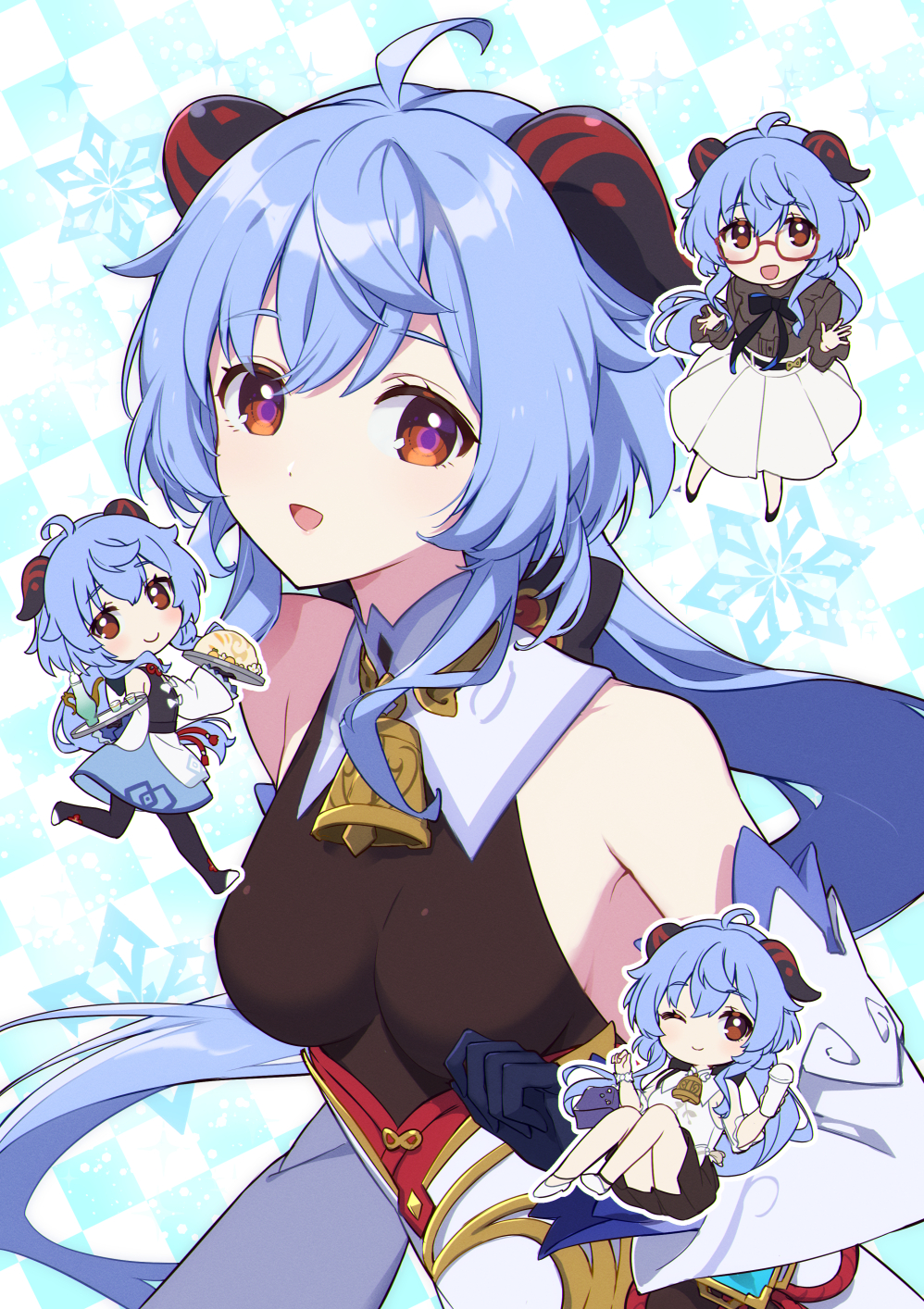 1girl, ahoge, bare_shoulders, bell, black_shirt, blue_hair, bow, breasts