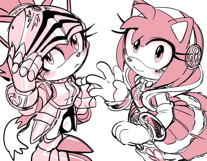 2girls, absurdres, amy_rose, animal_ears, armor, blaze_the_cat, breastplate, cat_ears, cat_girl, dress, eyelashes, furry, furry_female, gauntlets, gloves, hairband, highres, looking_at_viewer, multiple_girls, nimue_(sonic), nimue_(sonic_the_hedgehog), sir_percival_(sonic), sketch, smile, sonic_(series), sonic_and_the_black_knight, tory_(tory29), white_gloves