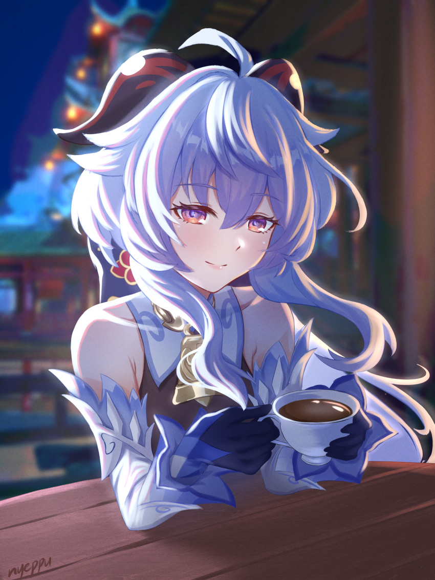1girl, absurdres, ahoge, artist_name, bare_shoulders, bell, blue_hair, blush, coffee_cup, cup, detached_sleeves, disposable_cup, ganyu_(genshin_impact), genshin_impact, highres, horns, long_hair, looking_at_viewer, neck_bell, night, nyeppu, outdoors, sidelocks, smile, solo, upper_body, violet_eyes, white_sleeves