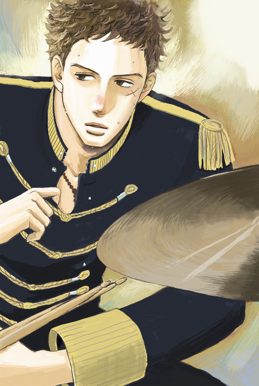 1boy, band_uniform, black_jacket, brown_eyes, brown_hair, clothes_pull, cymbals, drumming, drumsticks, epaulettes, highres, holding, holding_drumsticks, instrument, jacket, kawabuchi_sentarou, kodama_yuki, looking_to_the_side, male_focus, official_art, rosary, sakamichi_no_apollon, scar, scar_on_cheek, scar_on_face, solo, sweat, uniform, upper_body, wavy_hair
