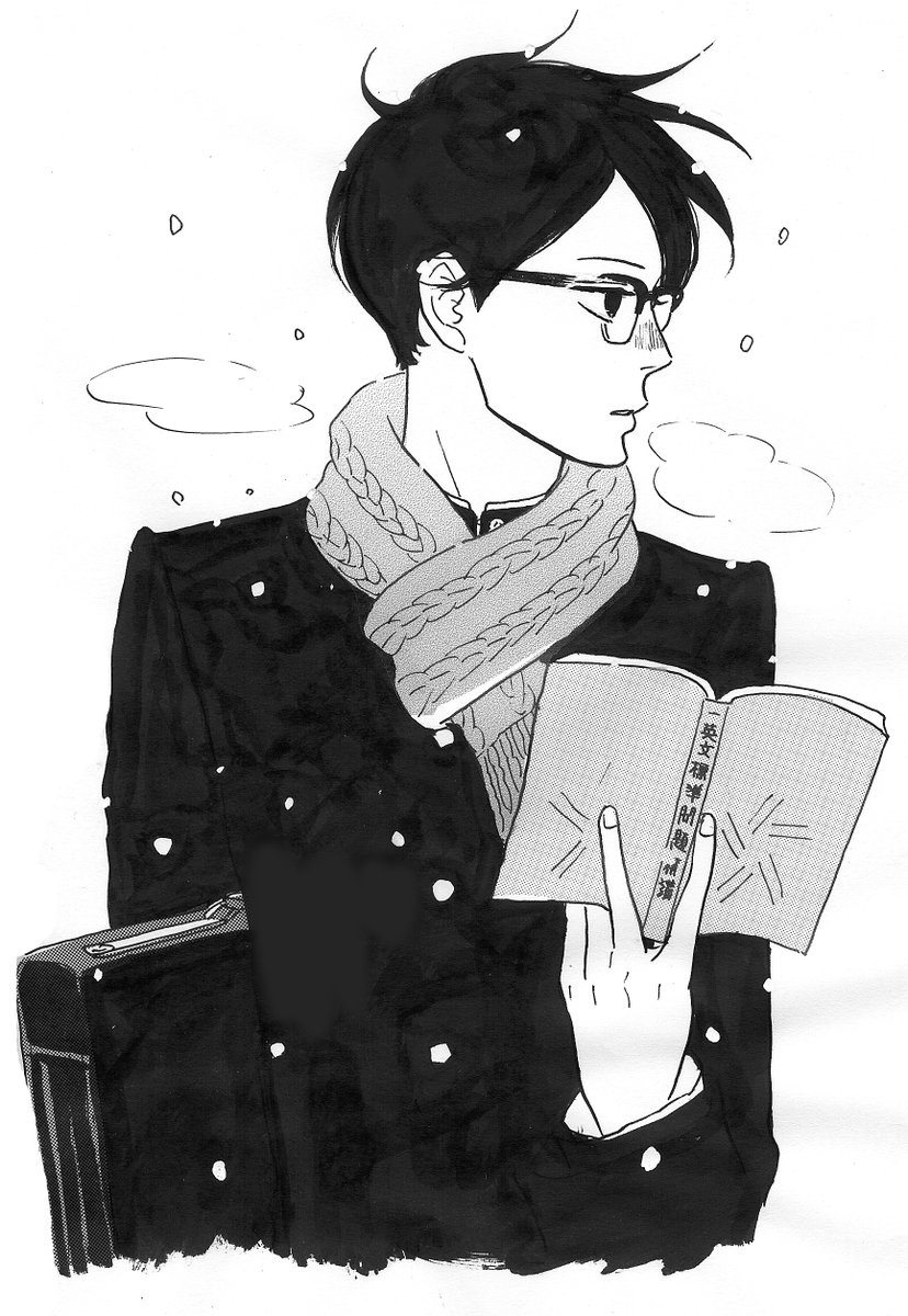 1boy, black_hair, black_jacket, book, breath, carrying, carrying_under_arm, coat, cold, cropped_torso, gakuran, glasses, greyscale, highres, holding, holding_book, jacket, kodama_yuki, male_focus, monochrome, nishimi_kaoru, official_art, profile, sakamichi_no_apollon, scarf, school_uniform, short_hair, snow, snowing, solo, suitcase, winter, winter_clothes, winter_coat