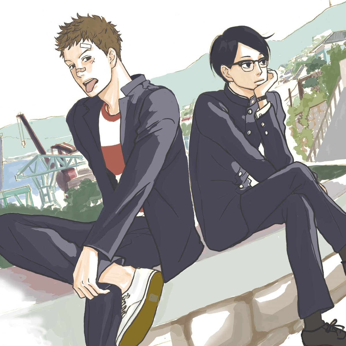 2boys, bandaid, bandaid_on_face, bandaid_on_forehead, black_footwear, black_hair, black_jacket, black_pants
