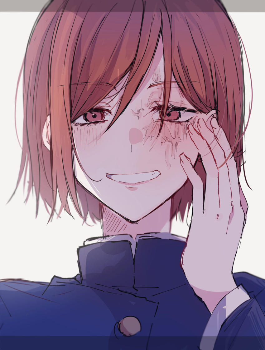 1girl, blue_jacket, brown_eyes, brown_hair, grin, hand_up, highres, jacket, jujutsu_kaisen, kugisaki_nobara, long_sleeves, looking_at_viewer, natsuneco_02, scar, scar_on_face, short_hair, simple_background, smile, solo, spoilers, teeth, upper_body, white_background