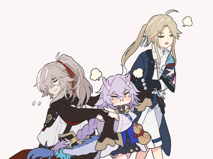 1girl, 2boys, :i, ahoge, annoyed, bailu_(honkai:_star_rail), black_dress, blonde_hair