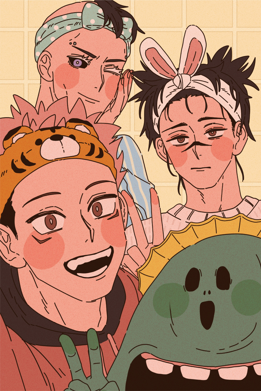 3boys, :d, absurdres, black_hair, black_sclera, blue_headband, blue_shirt, brown_eyes