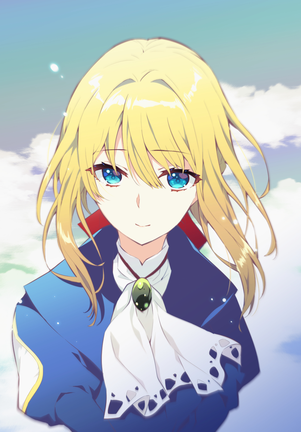 1girl, ascot, blonde_hair, blue_eyes, blue_shirt, blue_sky, close-up, closed_mouth