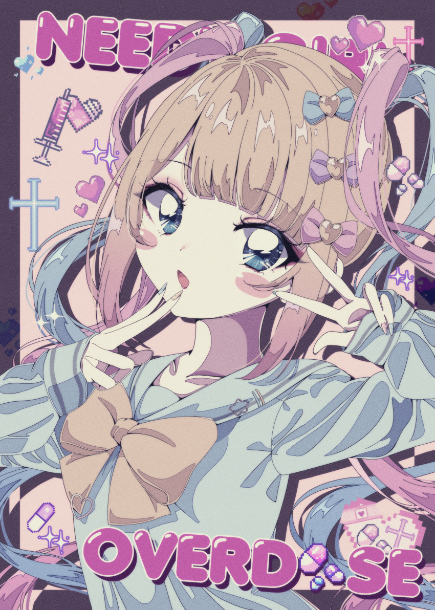 1990s_(style), 1girl, absurdres, blonde_hair, blue_bow, blue_eyes, blue_hair, blue_nails