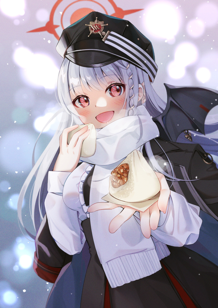 1girl, absurdres, baozi, black_coat, black_headwear, black_wings, blue_archive, blush