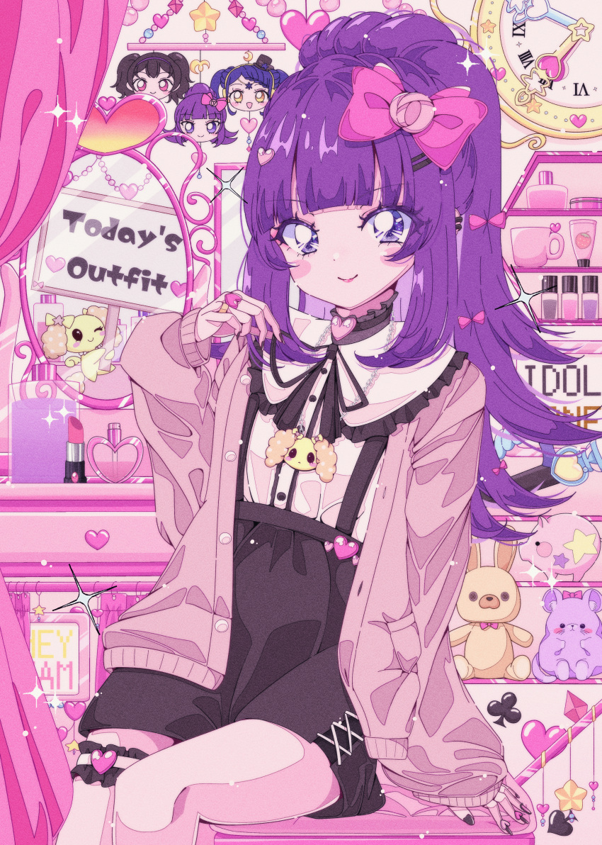 1girl, absurdres, alternate_costume, black_nails, black_skirt, blouse, blunt_bangs, bottle, bow, cameo, cardigan, character_charm, charm_(object), clock, closed_mouth, club_(shape), collared_shirt, commentary_request, cosmetics, cup, curtains, diamond_(shape), dog, frilled_shirt_collar, frills, garara_s_leep, hair_bow, hanazono_shuka, hand_up, heart, high-waist_skirt, highres, holding, holding_sign, idol_time_pripara, indoors, jigoku_mimiko, jirai_kei, lipstick_tube, long_hair, long_sleeves, looking_at_viewer, makeup, milon_cas, mirror, nail_polish, nail_polish_bottle, perfume_bottle, piggy_bank, pink_bow, pink_cardigan, pink_lips, pink_shirt, ponytail, powan_(pripara), pretty_series, pripara, purple_hair, retro_artstyle, shirt, sign, sitting, skirt, sleeves_past_wrists, smile, solo, spade_(shape), sparkle, star_(symbol), stuffed_animal, stuffed_mouse, stuffed_rabbit, stuffed_toy, thigh_strap, violet_eyes