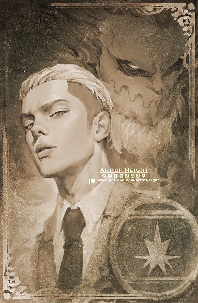 1boy, art_of_neight, artstation_logo, brown_theme, coat, deviantart_logo, greyscale, hair_slicked_back