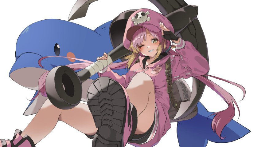 1girl, anchor, awase_kazuwara, backpack, bag, black_gloves, black_shorts, blonde_hair