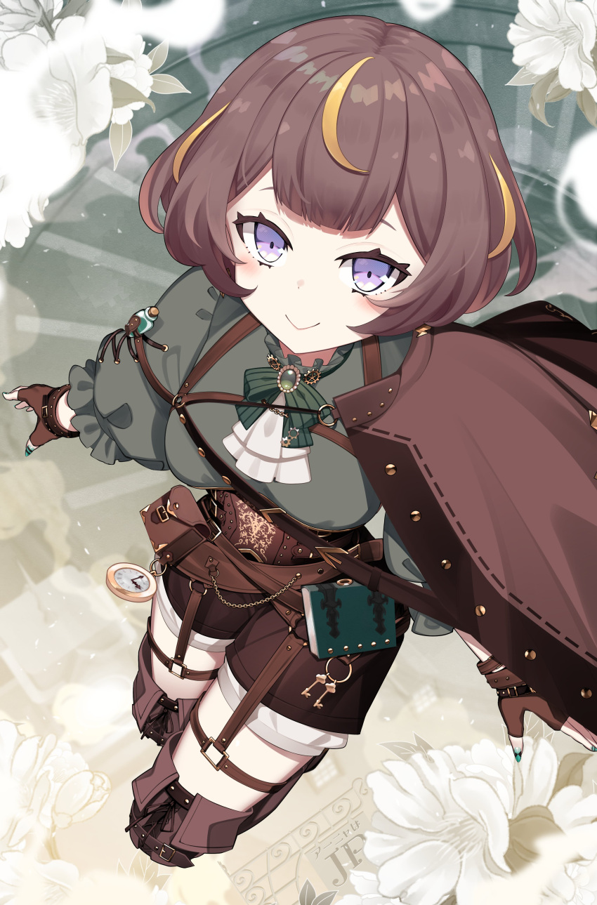 1girl, absurdres, akagi_(sk0127aho), anya_melfissa, anya_melfissa_(steampunk), ascot, belt, belt_pouch, blonde_hair, bob_cut, bow, bowtie, breasts, brown_cape, brown_corset, brown_footwear, brown_gloves, brown_hair, brown_shorts, cape, chest_harness, closed_mouth, commentary, corset, cross-laced_clothes, cross-laced_sleeves, fingerless_gloves, flower, foot_out_of_frame, gloves, green_bow, green_bowtie, green_brooch, green_nails, green_shirt, harness, highres, hololive, hololive_indonesia, keychain, leather_belt, looking_at_viewer, multicolored_hair, multiple_belts, nail_art, nail_polish, o-ring, o-ring_thigh_strap, official_alternate_costume, official_alternate_hairstyle, pouch, puffy_sleeves, shirt, short_hair, shorts, small_breasts, smile, solo, streaked_hair, symbol-only_commentary, thigh_strap, translated, violet_eyes, virtual_youtuber, watch, white_ascot, white_flower
