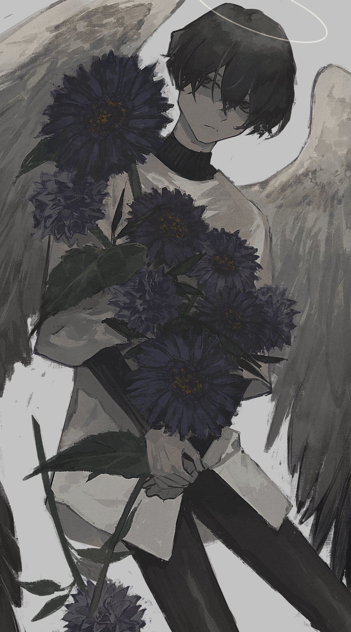 1boy, angel_wings, black_pants, black_sweater, closed_mouth, feathered_wings, flower, halo