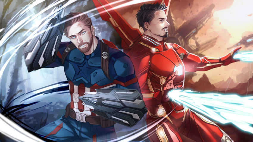 2boys, absurdres, arc_reactor, arethusa_smile, armor, avengers:_infinity_war, avengers_(series), beard, belt, black_hair, blue_bodysuit, blue_eyes, blue_sky, bodysuit, brown_belt, brown_eyes, brown_hair, captain_america, facial_hair, full_armor, hands_up, highres, iron_man, male_focus, marvel, marvel_cinematic_universe, mechanical_wings, multicolored_armor, multiple_boys, power_armor, red_armor, short_hair, sky, standing, star_(symbol), steve_rogers, striped, superhero, teeth, tony_stark, v-shaped_eyebrows, wings, yellow_armor, yellow_sky