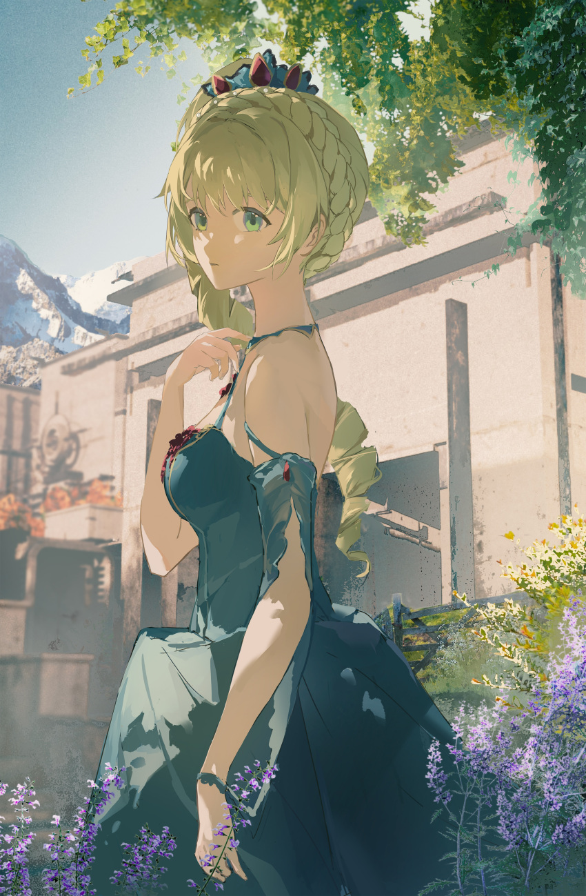 1girl, absurdres, bare_back, bare_shoulders, blonde_hair, blue_dress, blue_sky, bracelet