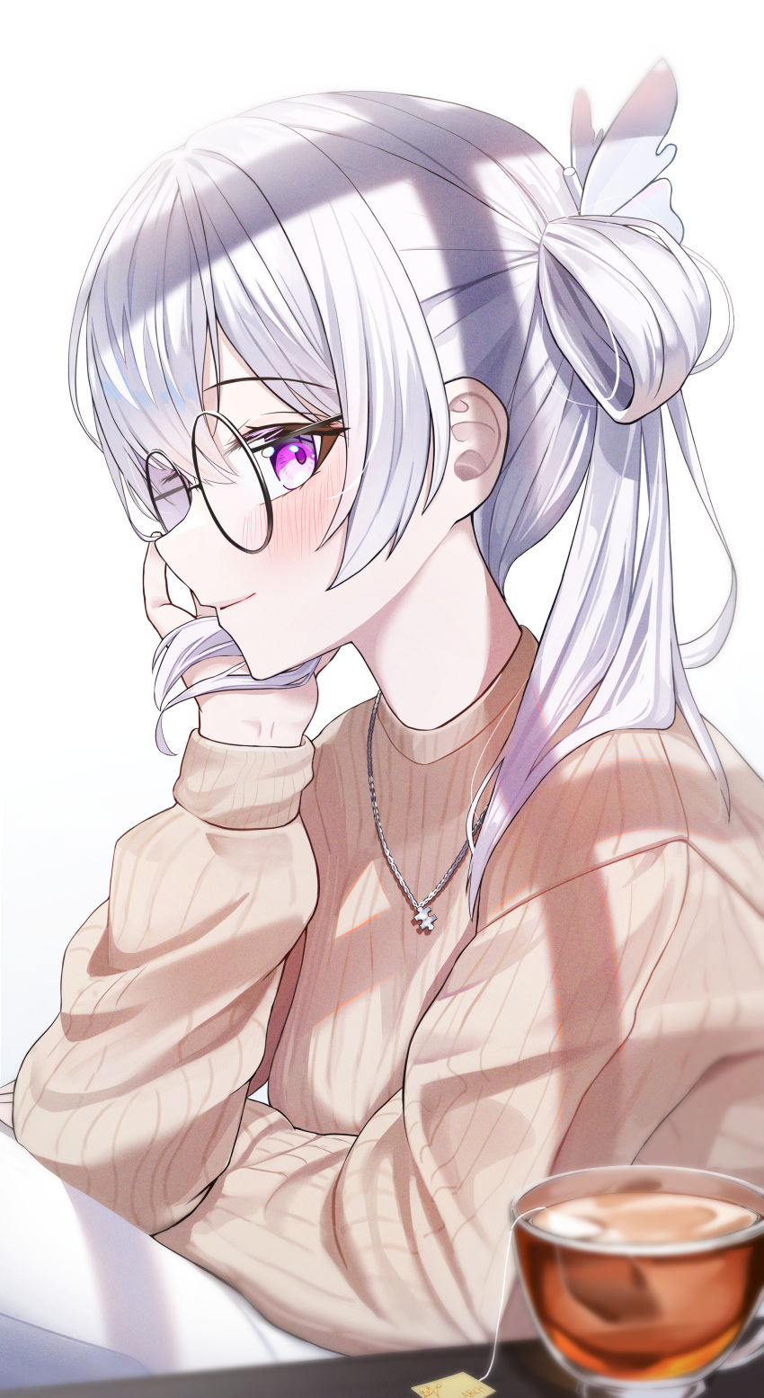 1girl, absurdres, arch_a4, black-framed_eyewear, blurry, blurry_foreground, blush, brown_sweater