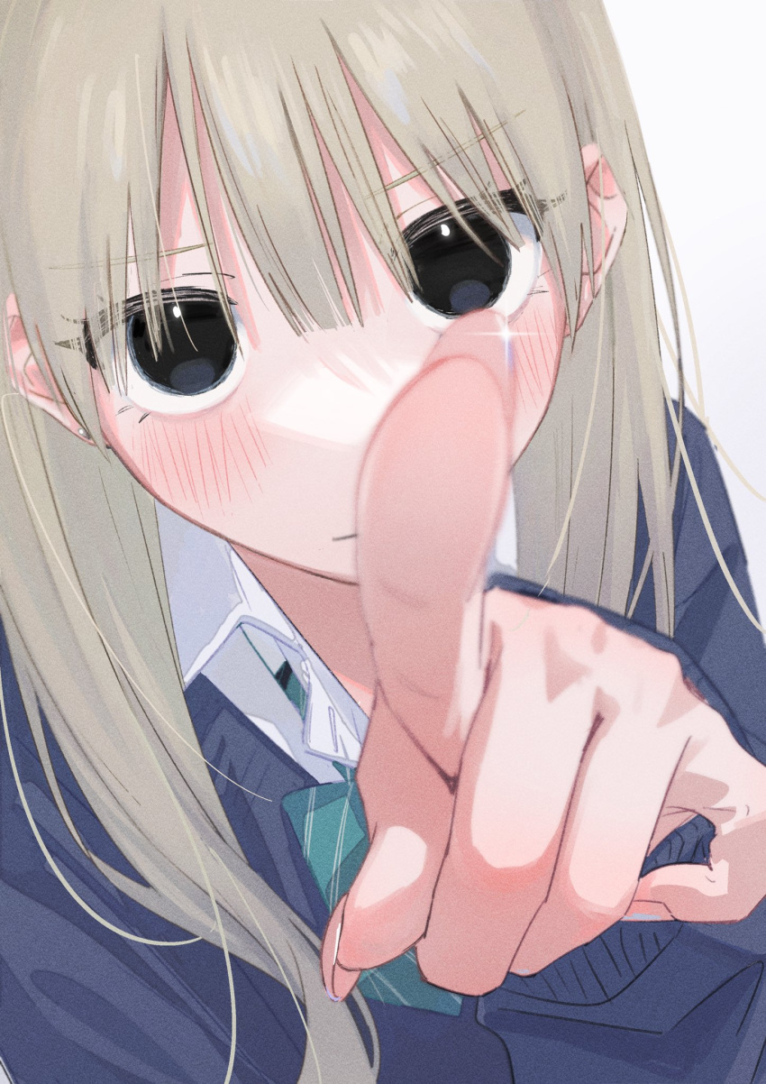 1girl, black_eyes, blonde_hair, blue_sweater, blush, closed_mouth, collared_shirt, commentary