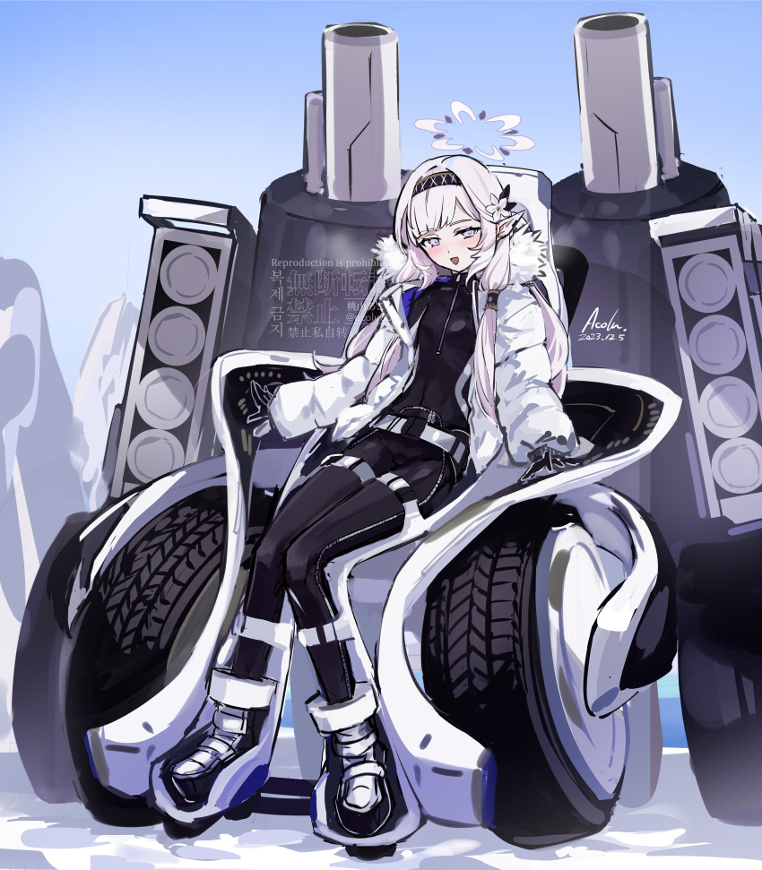 1girl, absurdres, acolu00, black_hairband, blue_archive, blush, dated, diving_suit