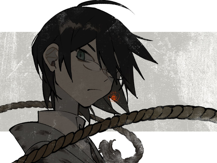 1boy, ahoge, black_hair, closed_mouth, green_eyes, hair_between_eyes, hair_over_one_eye, highres