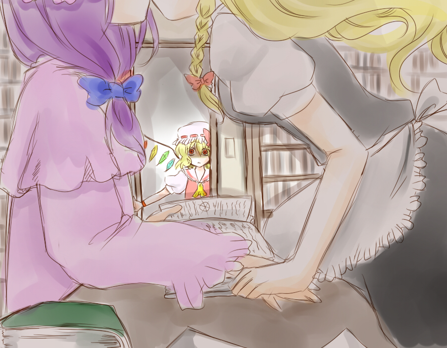 apron, blonde_hair, book, bow, braid, caught, flandre_scarlet, hair_bow