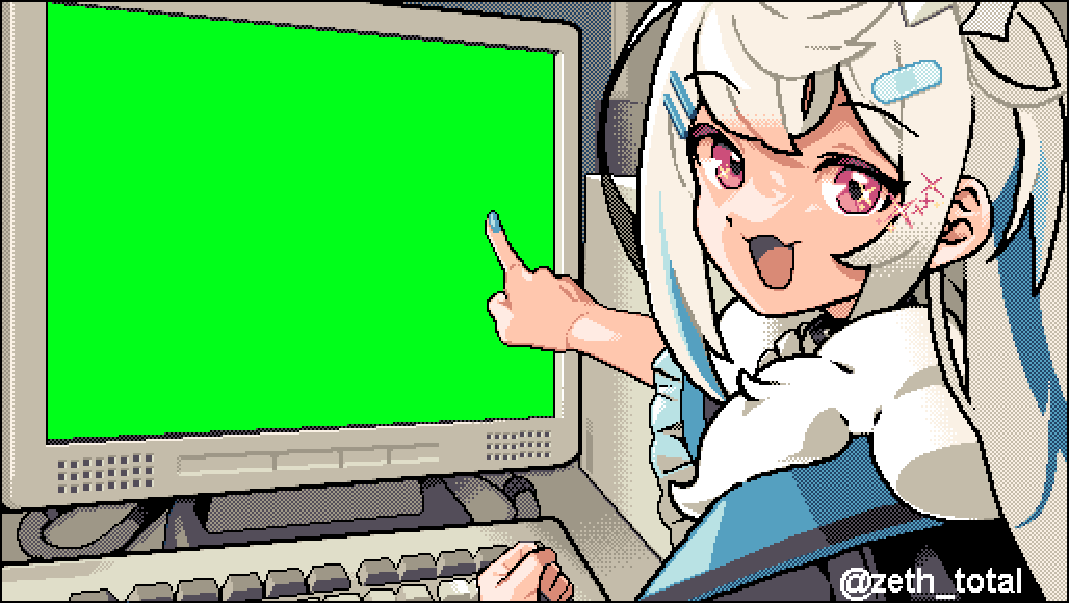 1girl, blonde_hair, blue_hair, blue_headband, blue_nails, collar, commentary, computer