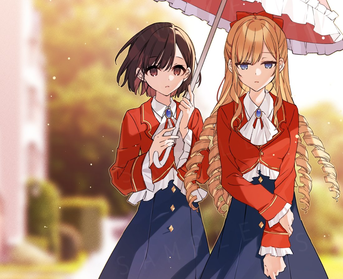 2girls, ascot, blonde_hair, blue_eyes, blue_skirt, blurry, blurry_background, bow