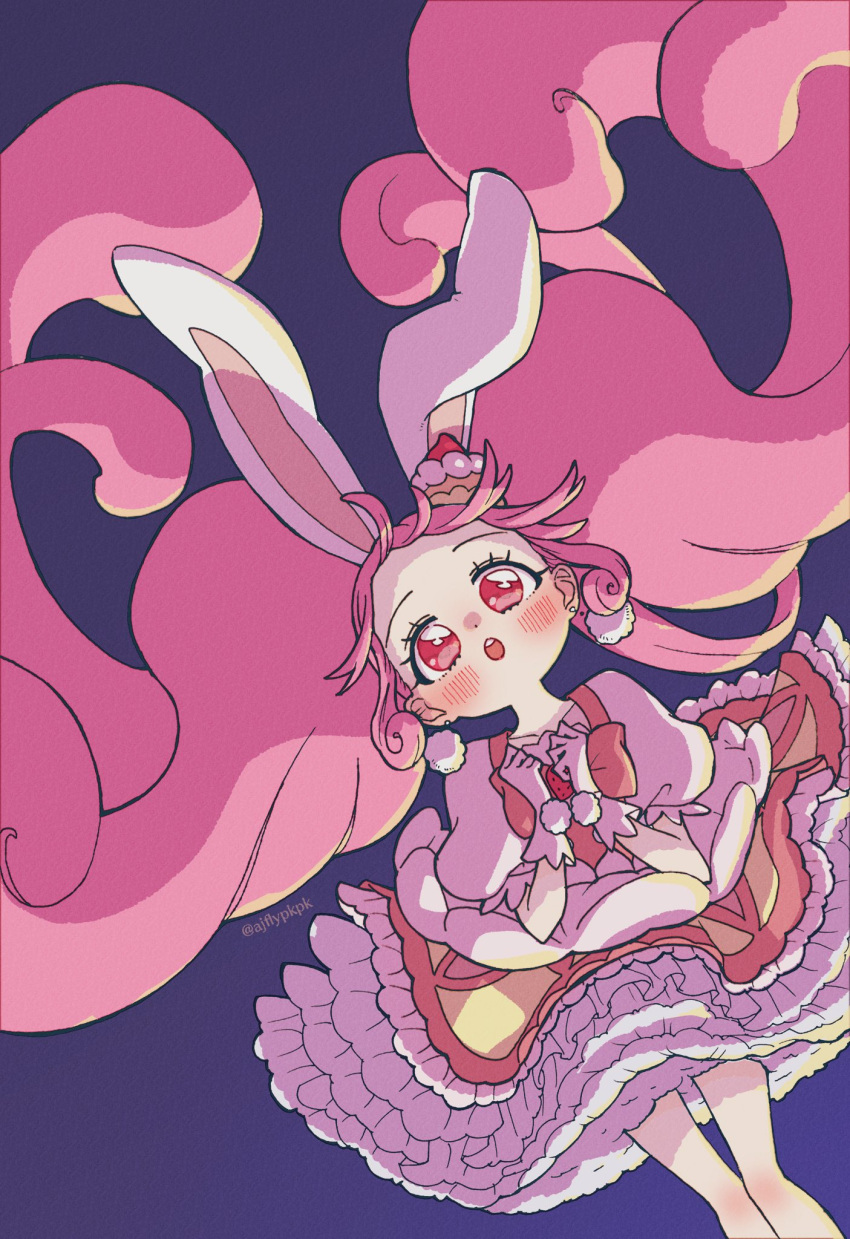 1girl, aji_fry, animal_ears, bow, cake_hair_ornament, commentary_request, cure_whip, dress