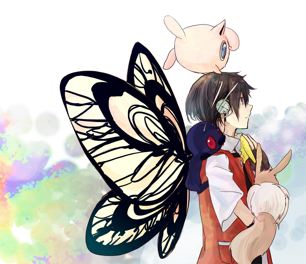 1boy, bad_id, black_eyes, black_hair, butterfree, eevee, fingerless_gloves, gloves, hat, headphones, jigglypuff, male, no_hat, no_headwear, pikachu, pokemon, pokemon_(creature), pokemon_(game), pokemon_rse, popped_collar, red_(pokemon), red_(pokemon)_(classic), red_eyes, shiratama_moyashi, short_hair, sleeping, solo, vest
