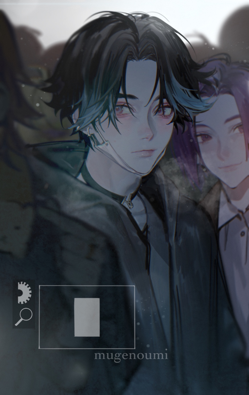 1other, 3boys, androgynous, aqua_hair, black_choker, black_hair, black_hoodie, choker