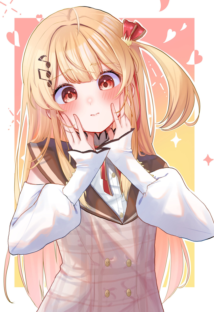 1girl, absurdres, ahoge, bare_shoulders, blonde_hair, blush, brown_dress, brown_sailor_collar