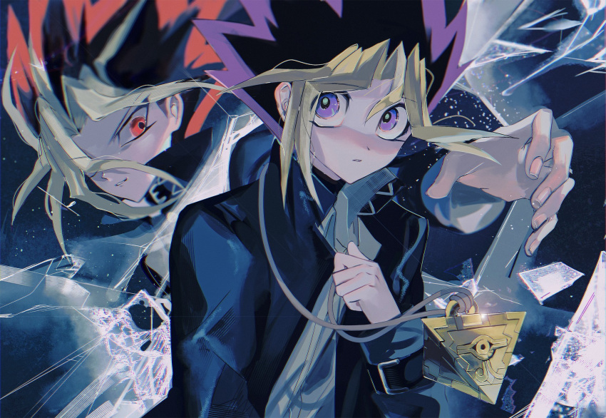 2boys, black_hair, blonde_hair, broken_glass, commentary, english_commentary, glass, highres