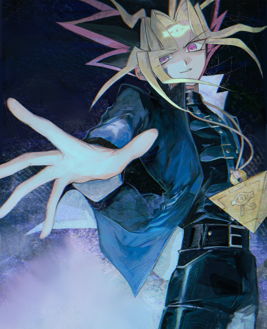 1boy, black_hair, blonde_hair, highres, jacket, long_hair, male_focus, millennium_puzzle, multicolored_hair, open_clothes, open_jacket, reaching, red_eyes, redhead, smile, solo, uuu_ygo, yami_yuugi, yu-gi-oh!, yu-gi-oh!_duel_monsters