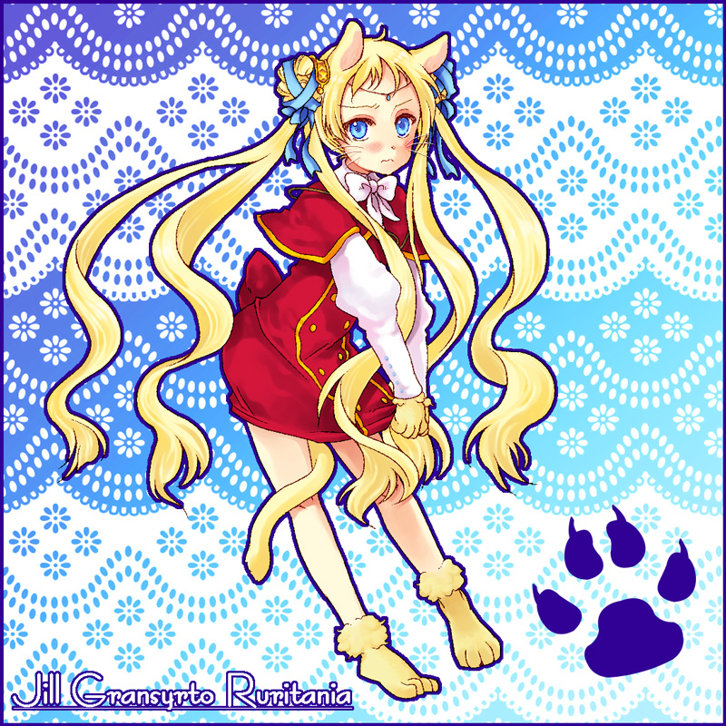 1girl, animal_ears, animal_hands, blue_background, blue_eyes, blue_ribbon, blush, bow, cat_tail, character_name, circlet, dress, hair_ribbon, jill_gransyrto_ruritania, leaning_forward, long_hair, long_sleeves, looking_at_viewer, niruho, paw_print, puffy_long_sleeves, puffy_sleeves, quad_tails, red_dress, ribbon, solo, sugarcoat_freaks, tail, very_long_hair, whiskers, white_bow