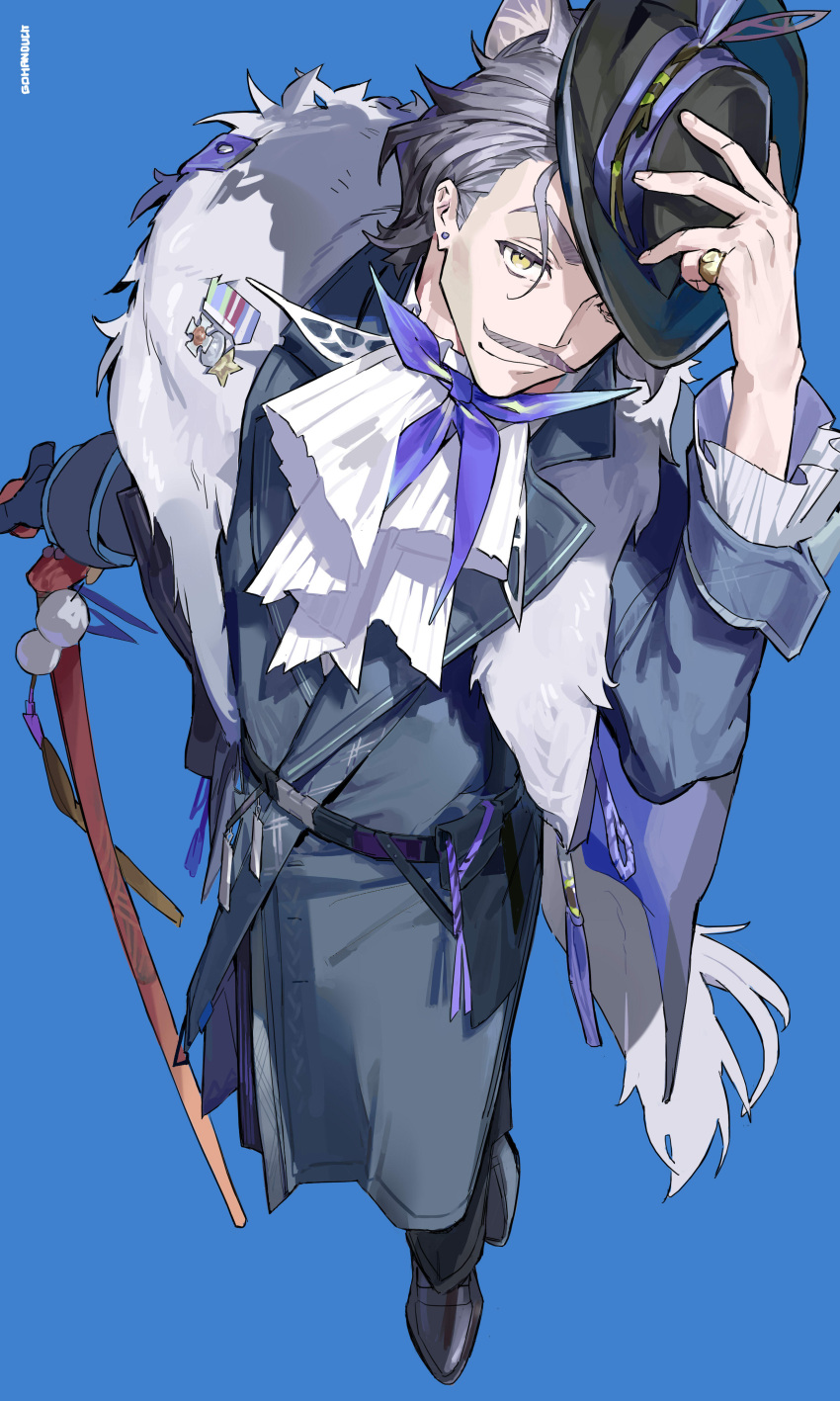 1boy, absurdres, arknights, artist_name, ascot, black_footwear, black_headwear, blue_background, blue_coat, bow, bowtie, cane, chinese_commentary, coat, facial_hair, gohanduck, harold_(arknights), hat_tip, highres, holding, holding_cane, looking_at_viewer, male_focus, medal, mustache, old, old_man, one_eye_covered, shirt, smile, white_ascot, white_shirt